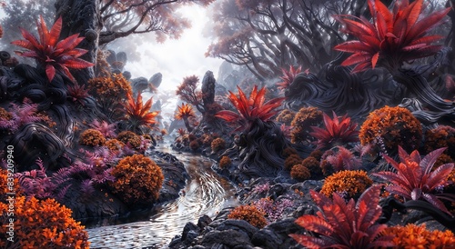 Fantasy Landscape with Enchanted Forest, Colorful Plants, and Flowing Stream in Daylight photo