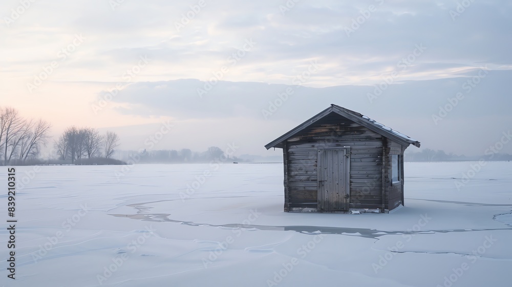 Small wooden fishing hut on a frozen lake. The hut is surrounded by snow and ice. The sky is cloudy and there is a hint of sunlight in the distance. Small wooden fishing hut on a frozen lake. The hut is surrounded by snow and ice. The sky is cloudy and there is a hint of sunlight in the distance.