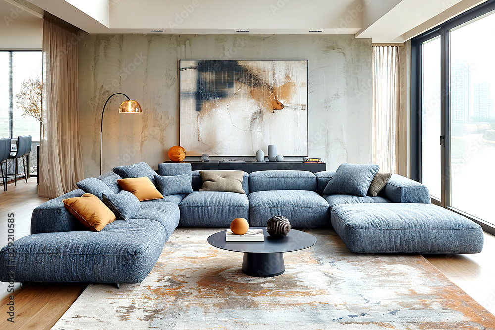 Minimalist, loft interior design of modern living room with blue corner ...