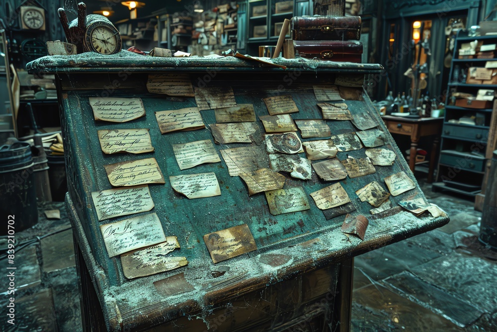 An antique wooden desk with old papers and notes pinned to it. An antique wooden desk with old papers and notes pinned to it.