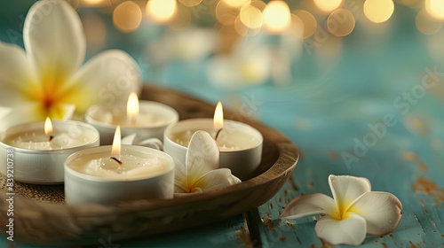 Candles and spa elements on a wooden tray against a blurred background of a beauty salon interior  space for text