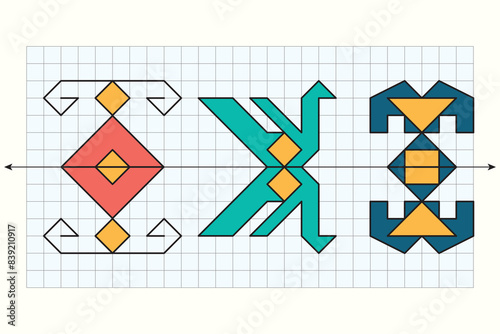 Symmetrical geometric pattern and motif. Geometry line of symmetry. Rectangular region. Mathematics and geometry question. Exam question.