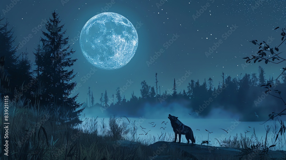 A wolf howls at the moon in the night sky. The full moon is surrounded by stars, and the wolf stands on a rock in front of a lake.