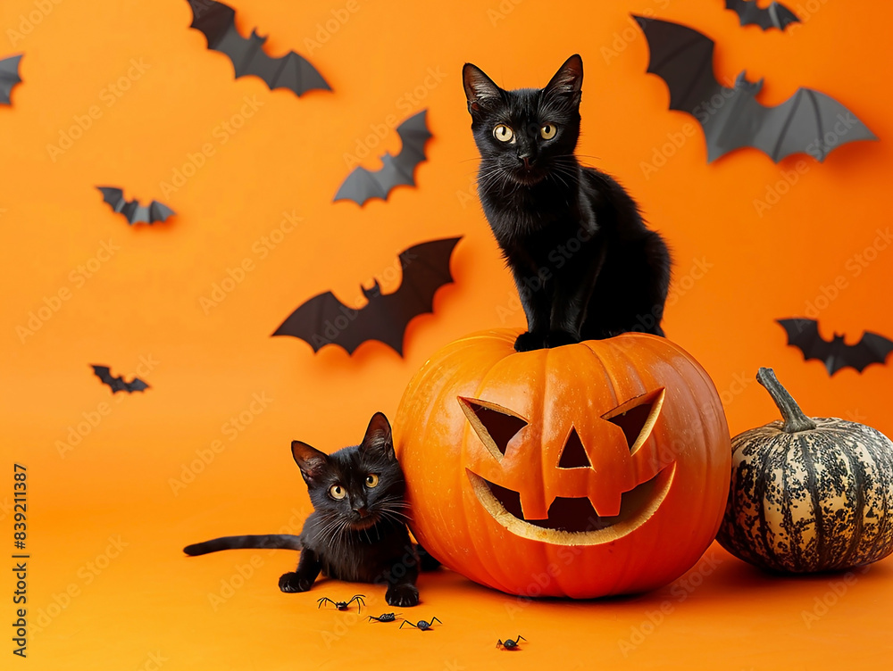 Halloween pumpkin, black cat, spiders and bats on an orange background, festive Halloween background with a place for text Halloween pumpkin, black cat, spiders and bats on an orange background, festive Halloween background with a place for text