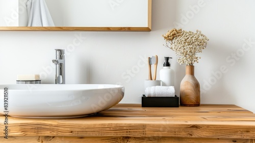 A modern bathroom interior with white walls  a wooden table and sink on a black shelf  viewed from the front.