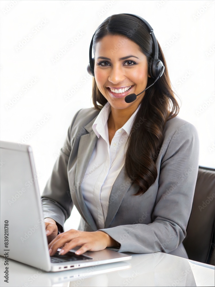 Young female call centre employee with a headset and laptop on white background. Latin American woman. Ai generated Young female call centre employee with a headset and laptop on white background. Latin American woman. Ai generated