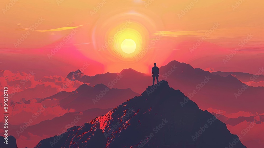 silhouette of man standing on mountain peak at sunset achieving goals concept digital illustration silhouette of man standing on mountain peak at sunset achieving goals concept digital illustration