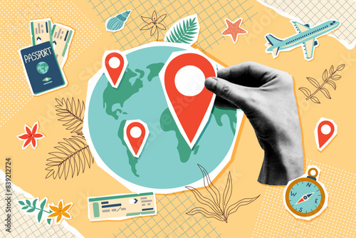 Banner in vintage new nostalgia collage style. Travel destinations concept. Paper halftone hands holding map. Retro vector pop art design.