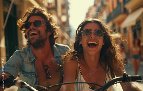 Happy Couple Riding a Bicycle Through a Sunny European City