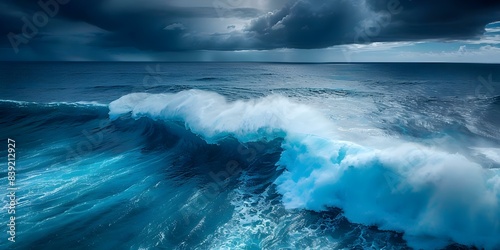 Aerial view of blue waves crashing on shore under dark clouds. Concept Nature  Ocean  Stormy Weather  Aerial Photography  Seascape