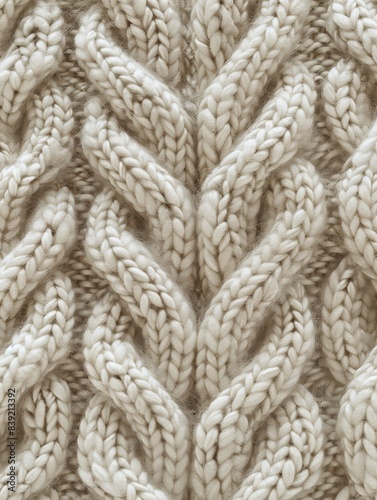 Close-up of textured woolen knit pattern in beige color ideal for background or fashion material. Detailed, cozy, and warm feel.