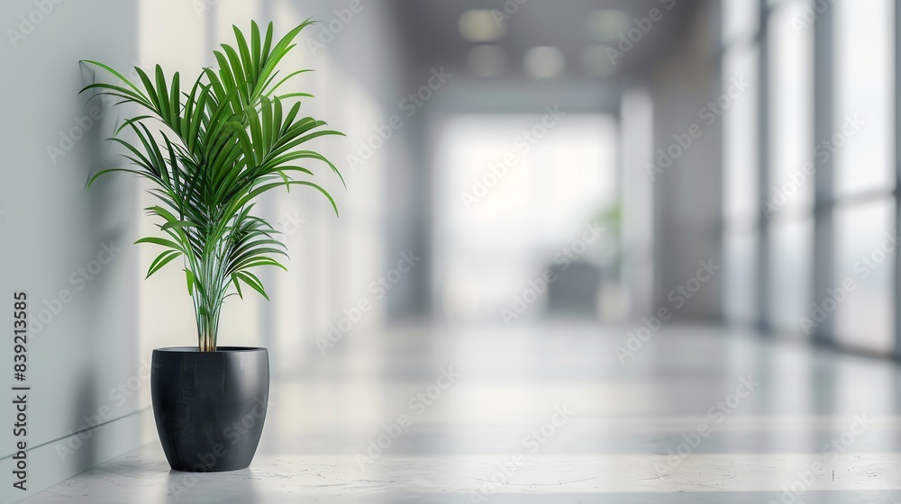 A lush green plant sits in a black pot on a marble table. The plant has long, slender leaves and a graceful arching shape.
