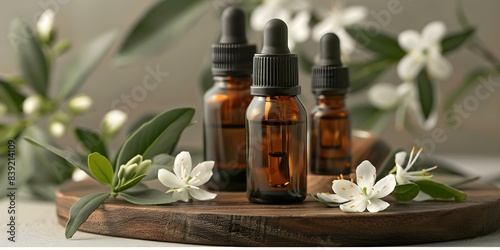 Neroli essential oil on wooden surface with blossoms natural and aromatic. Concept Aromatherapy, Essential Oils, Wooden Textures, Natural Elements, Floral Arrangements © Anastasiia