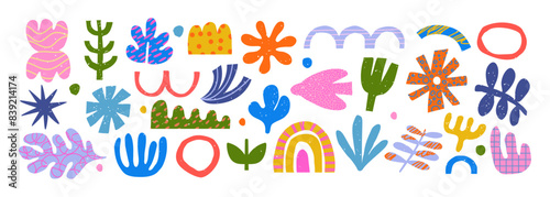 Abstract hand drawn shapes. Doodle nature objects and organic graphic forms. Colorful decorative minimalism patch and geometric for. Trendy modern vector collection