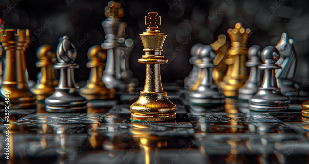 Gold King Chess Piece on Black And White Board Gold King Chess Piece on Black And White Board