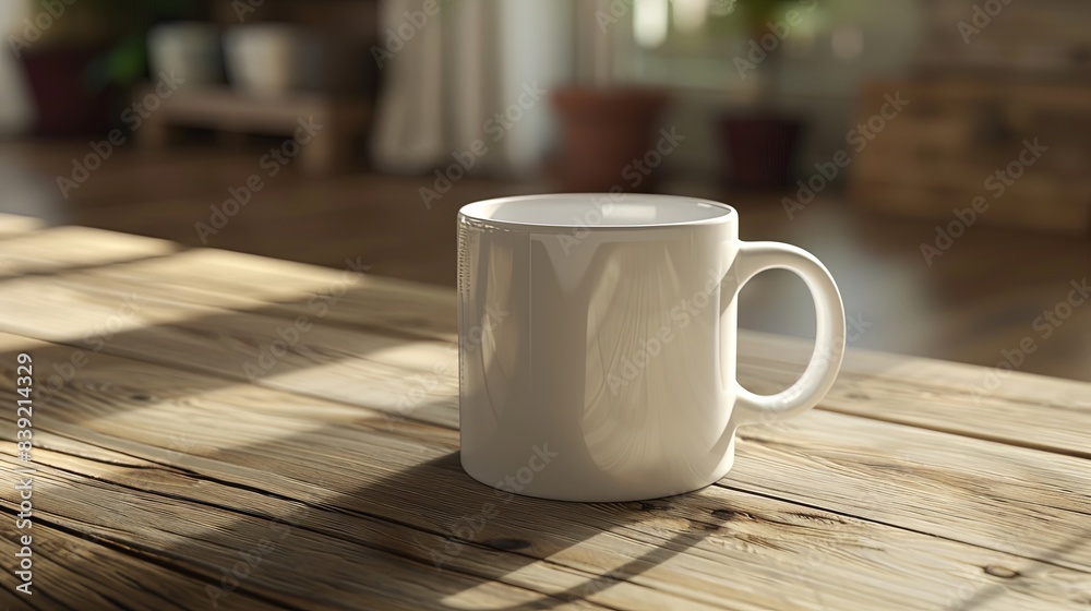 A clean, empty coffee mug mockup placed on a wooden table, ideal for showcasing personalized prints or branding. A clean, empty coffee mug mockup placed on a wooden table, ideal for showcasing personalized prints or branding.
