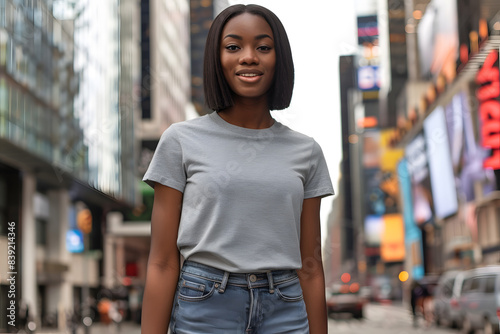 Trendy Female T-Shirt Mockup Design, Simple Young Woman T-Shirt Mockup, Show Off Your Designs: Young Woman T-Shirt Mockup, High-Quality Mockup: Realistic Young Woman T-Shirt Template © EliteStock