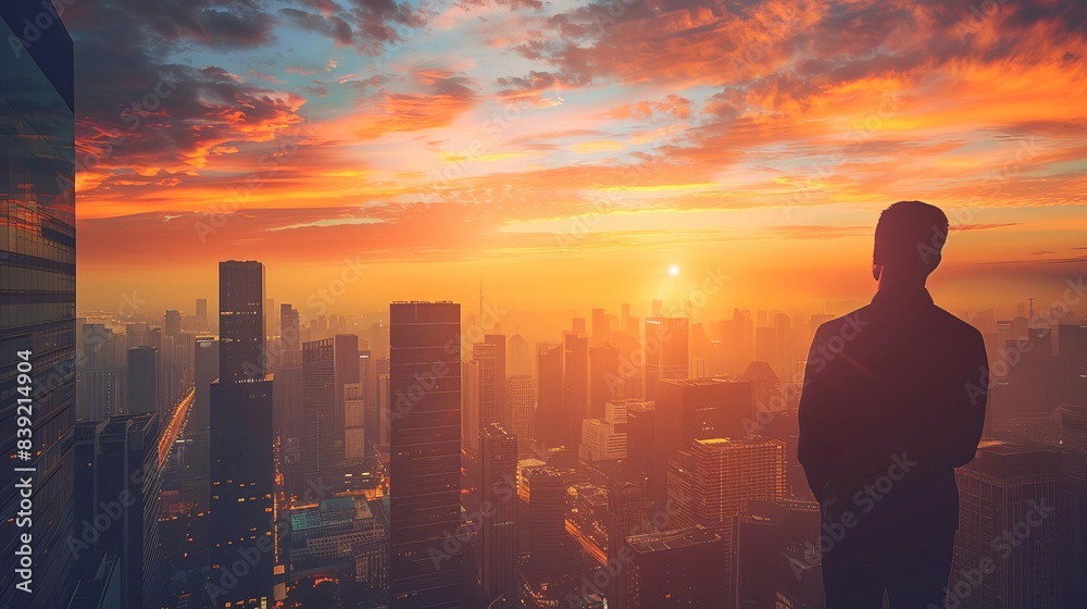 successful businessman dreaming of new opportunities skyscraper city at sunset concept photo successful businessman dreaming of new opportunities skyscraper city at sunset concept photo