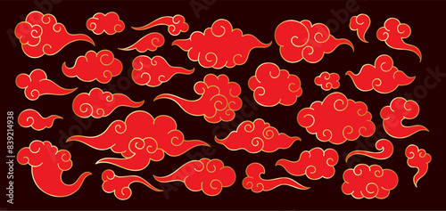 Oriental red clouds. Chinese curling cloudy elements. Traditional Asian festive decorative ornaments, gold linear cloud shape, wind and sky doodle holiday. Vector set