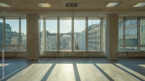 a realistci empty modern office, Stockholm outside the window 