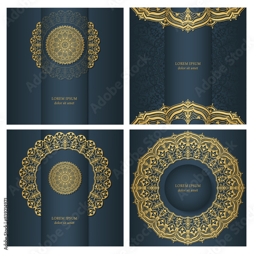 Collection of four backgrounds in blue colour with gold mandala. Ethnic ornament in the design of packaging, invitations, postcards. Luxury design. 