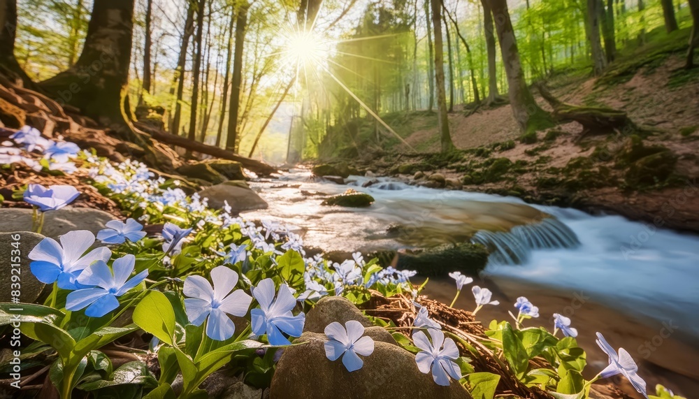 Blue wildflowers blooming by a sunlit forest stream, creating a serene and picturesque scene. Sunlight filters through the trees, illuminating the vibrant flowers . Blue wildflowers blooming by a sunlit forest stream, creating a serene and picturesque scene. Sunlight filters through the trees, illuminating the vibrant flowers .