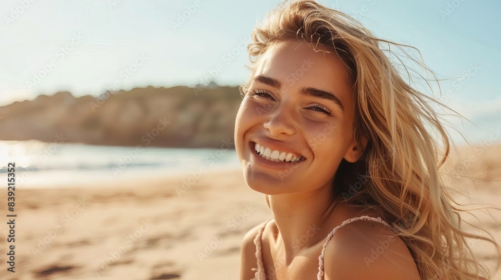 sunkissed portrait of smiling blonde woman on sandy beach carefree summer vacation joyful coastal lifestyle banner sunkissed portrait of smiling blonde woman on sandy beach carefree summer vacation joyful coastal lifestyle banner