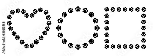 Cat, dog footprint frame. Pets paws border. Black cute animals round, heart and square shape frames. Template banners with silhouette footprints trail and paw path. Vector set