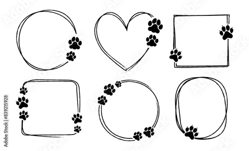 Pet footprint frame. Doodle shape frames with dog or cat paws. Hand drawn outline circle, heart, square boarder with cute animal steps. Adopted animal. Pets love vector concept