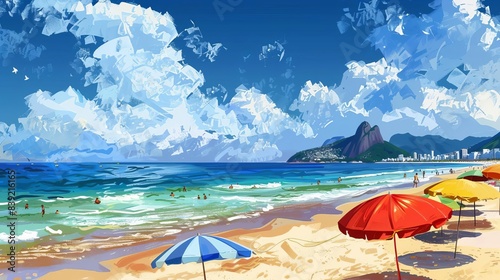 sunny day at copacabana beach rio de janeiro brazil colorful umbrella illustration tropical paradise photo