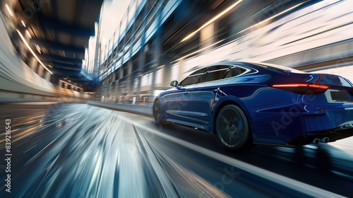 Rear view of blue Business car on high speed in turn. Blue car rushing along a high-speed highway. motion speed blur