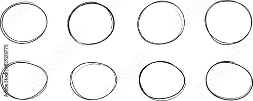 Hand drawn grange circle line sketch set. Vector circular scribble doodle round circles for message note mark design element. Pencil or pen graffiti bubble or ball draft illustration
