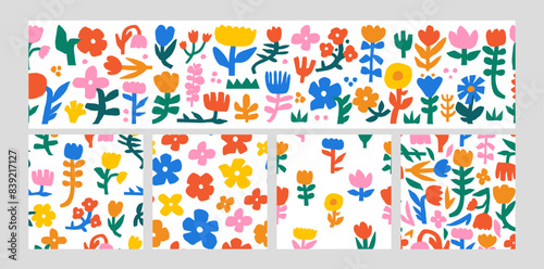 Abstract flower pattern. Doodle plant seamless background. Colorful floral elements, bloom, leaves and branches. Cutout paper botanic shapes. Kids naive style vector set