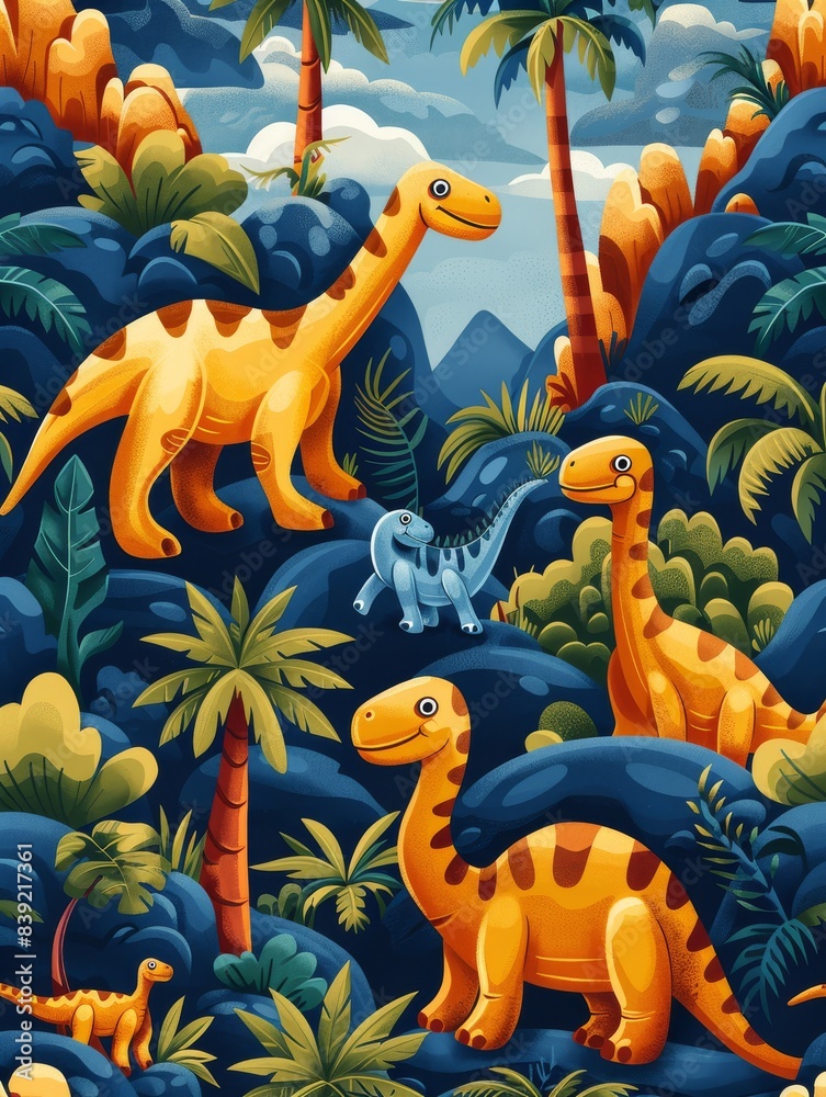 Naklejka premium Colorful illustration of dinosaurs in a lush, prehistoric jungle filled with vibrant plants and trees under a blue sky.