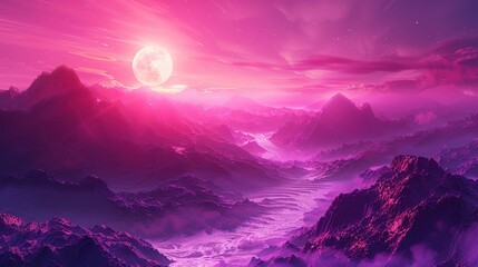 Leinwandbilder Rosa synthwave 3d retro cyberpunk style landscape background banner or wallpaper bright neon pink and purple colors  © Zahfran