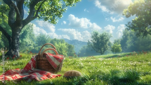 Relaxing Picnic Scene: Blanket, Basket, Park, Grass
 photo