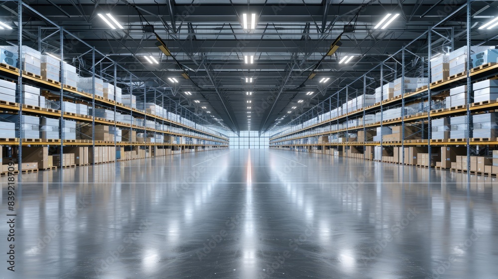 a modern warehouse with a high-racking system and boxes on the shelves. Use for online shopping, goods storage or shipping concepts. a modern warehouse with a high-racking system and boxes on the shelves. Use for online shopping, goods storage or shipping concepts.