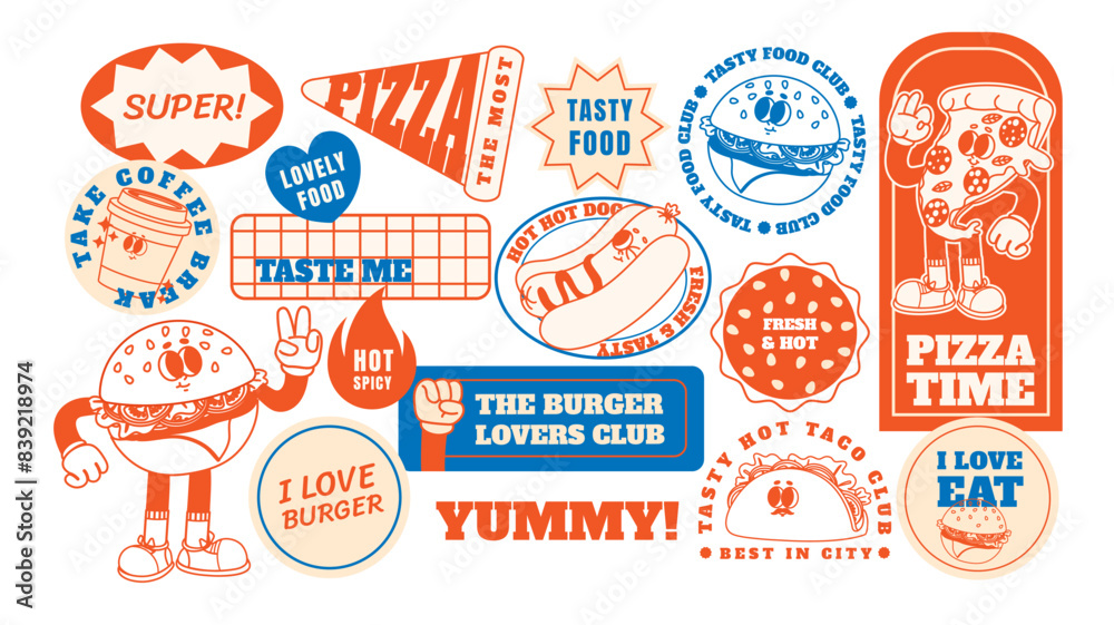 Retro fast food stickers. Cartoon junk food character patches. Funny cafe meals mascot. Vintage style 60s - 70s badges with burger, pizza, hot dog. Groovy vector elements