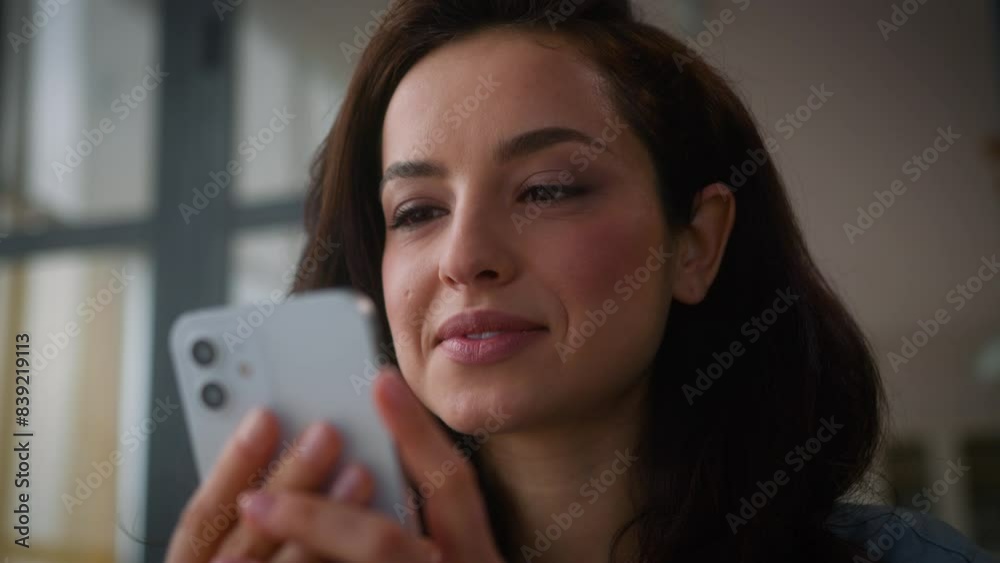 Close up happy Caucasian smiling woman girl female at home indoors holding gadget cellphone using mobile phone app shopping online chatting social media smartphone browsing internet chat booking order Close up happy Caucasian smiling woman girl female at home indoors holding gadget cellphone using mobile phone app shopping online chatting social media smartphone browsing internet chat booking order