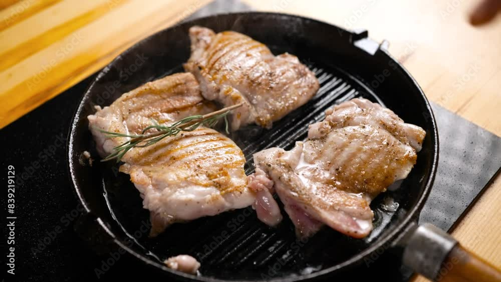 Chicken meat is fried in a pan. The chef adds rosemary to the meat to add flavor. Chicken meat is fried in a pan. The chef adds rosemary to the meat to add flavor.