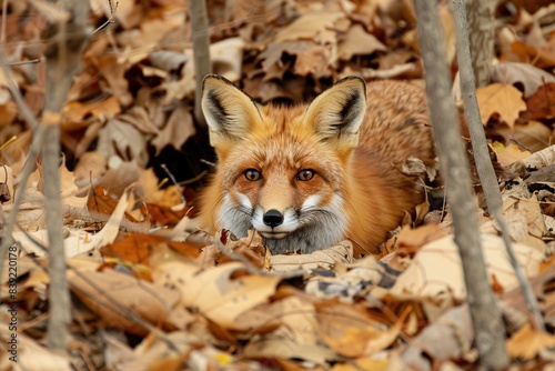 red fox in the forest, hiding in the leaves