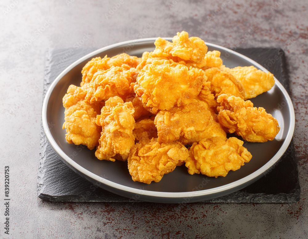 Chicken Popcorn are small slices of chicken that were coated breading and deep fried closeup in the slate dish on the table Chicken Popcorn are small slices of chicken that were coated breading and deep fried closeup in the slate dish on the table