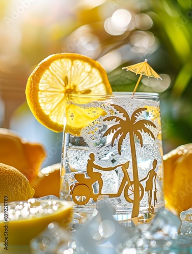 Close-up advertisement photo of a cocktail glass with ice cubes and sparkling yellow half opac lemonade photo