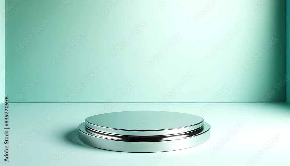 Minimalist empty silver display podium in pastel mint green room, perfect for product showcase or exhibition. Minimalist empty silver display podium in pastel mint green room, perfect for product showcase or exhibition.