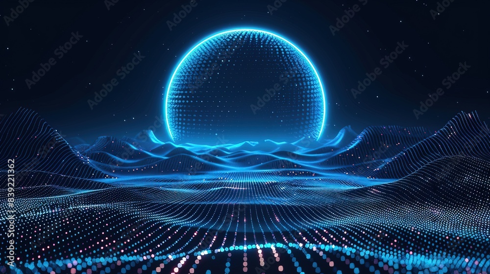 Neo tech background with hexagonal circle on wireframe landscape. Modern illustration Neo tech background with hexagonal circle on wireframe landscape. Modern illustration