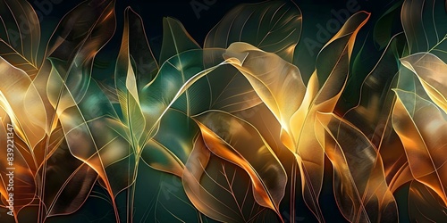 Neon banana leaves pattern on dark background for premium luxury wallpapers. Concept Luxury Wallpaper, Neon Banana Leaves, Dark Background, Premium Design