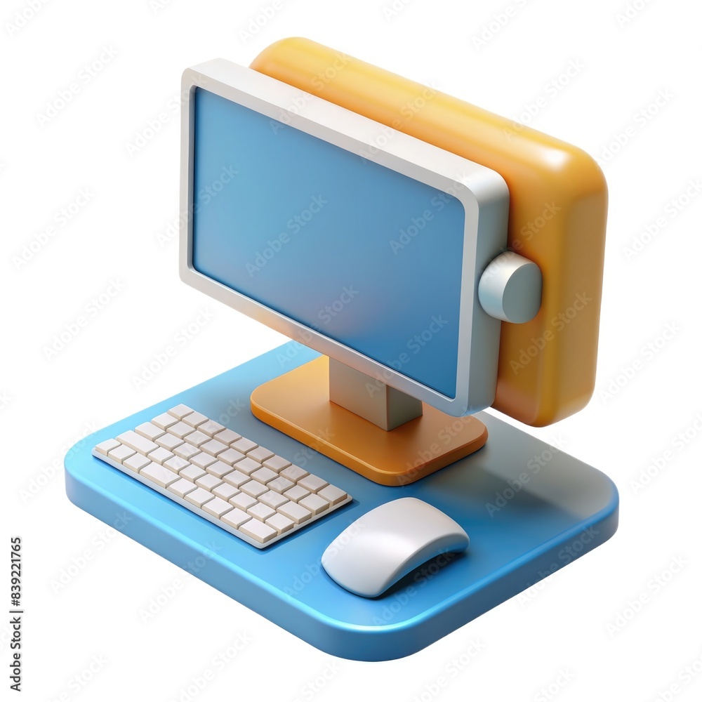 Desktop computer with keyboard and mouse, 3D illustration, modern design Desktop computer with keyboard and mouse, 3D illustration, modern design
