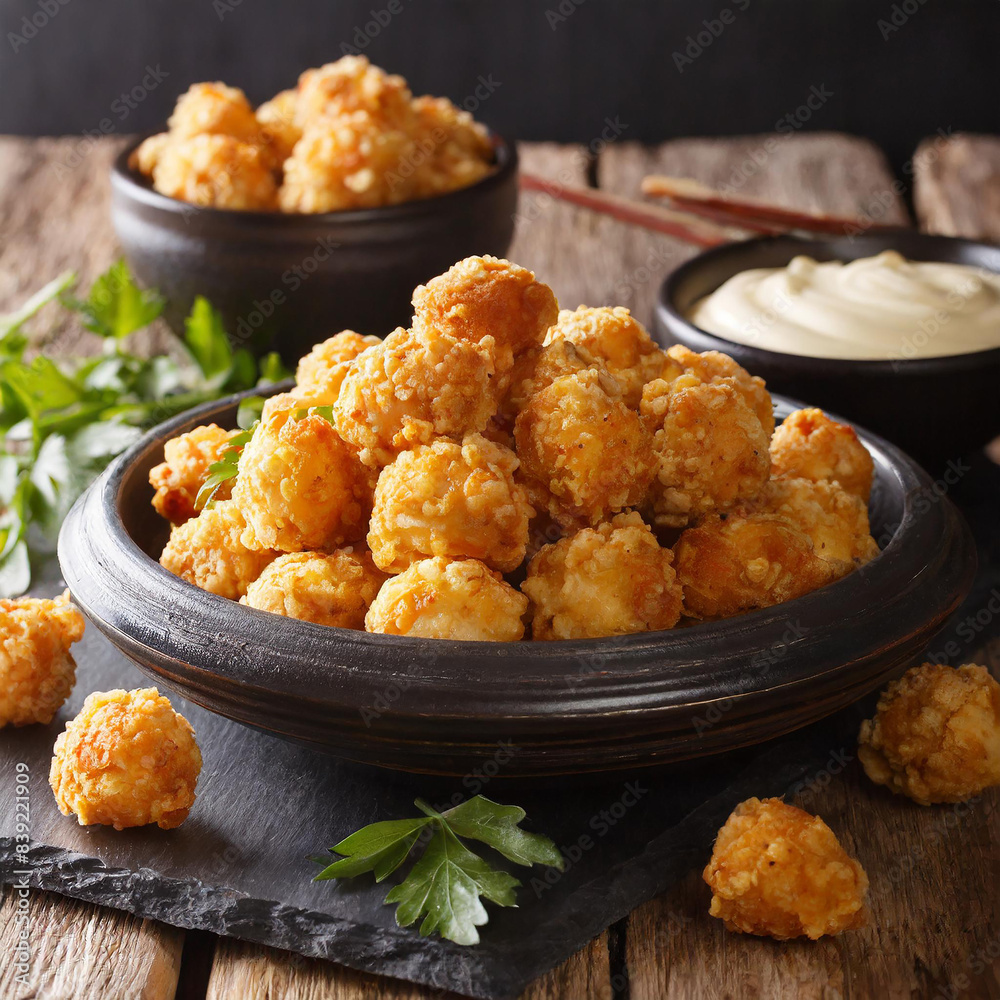 Chicken Popcorn are small slices of chicken that were coated breading and deep fried closeup in the slate dish on the table