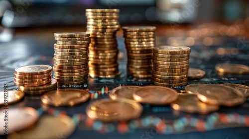 Stacks of gold coins on a dark background, emphasizing wealth, savings, and financial stability.