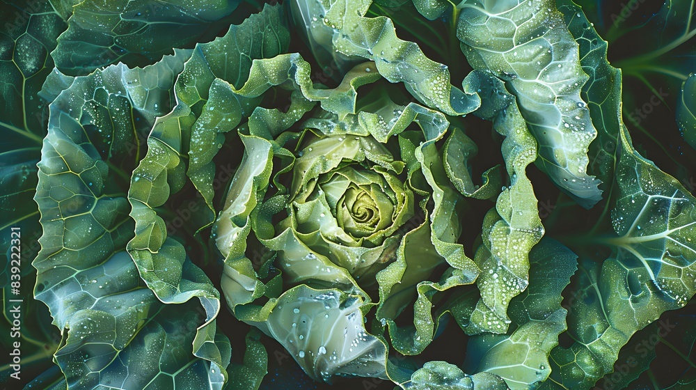 Obraz premium Close up top view of textured green leaves of Savoy cabbages.